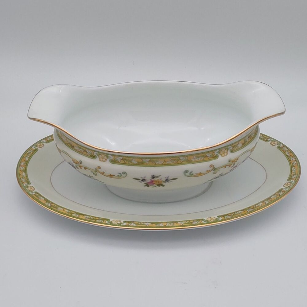Noritake Arlene Gravy Boat with Attached Underplate 9 1/4" Floral Gold Accent